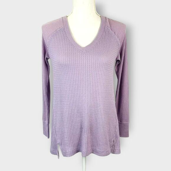 Maeve Pearson Waffle Knit Top Purple Pastel Thermal Long Sleeve V Neck Size XS - Picture 9 of 9